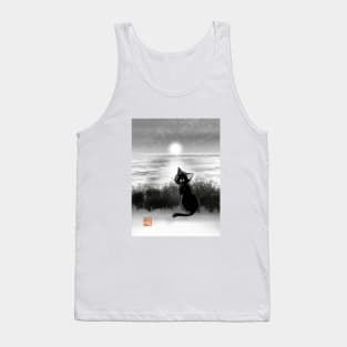 Moonlit Sea And Black Cat Tank Top